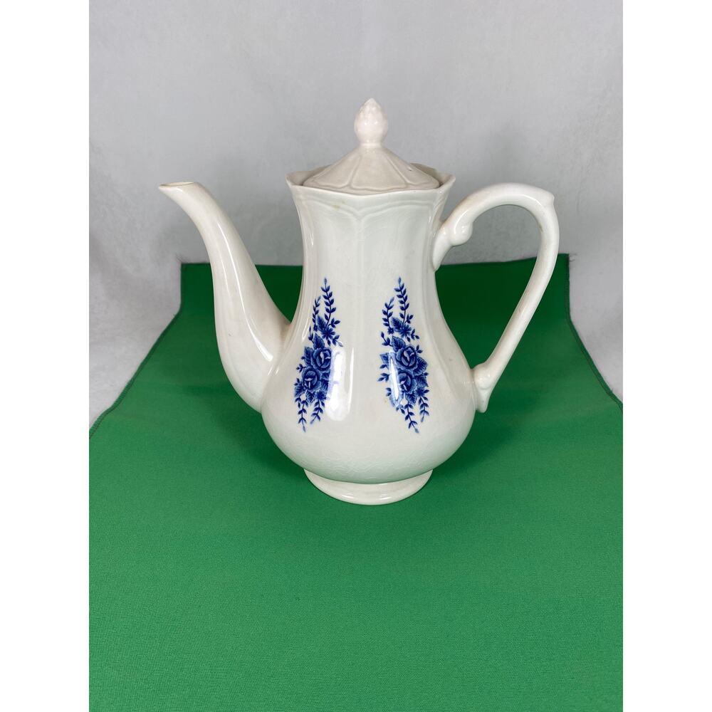 Mayhill Federalist Ironstone Teapot, Coffee Pot White & Blue Floral,  9.5" Tall